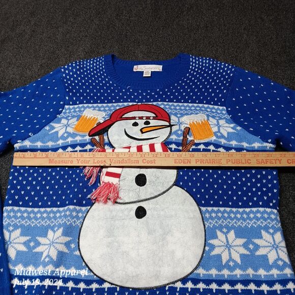Ugly Jolly Sweaters Christmas Snowman with Beer Fair Isle Blue Adult Large - Picture 4 of 7